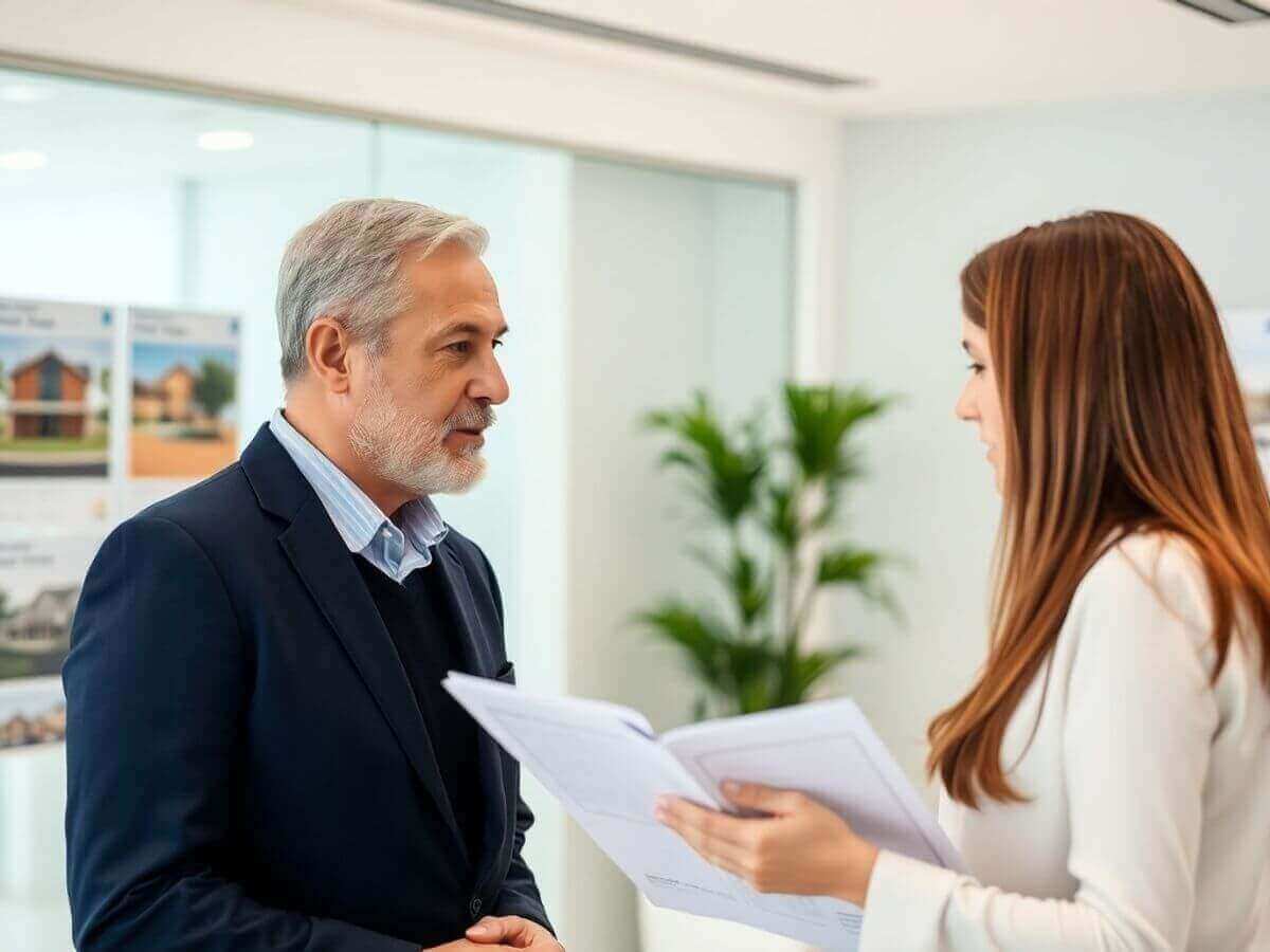 Agent immobilier discutant avec un client en bureau moderne.