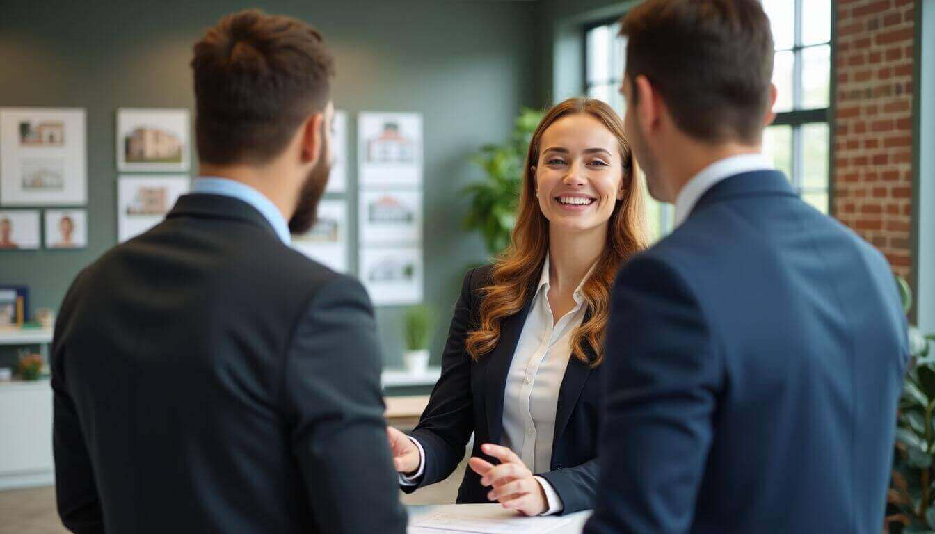 Agent immobilier discutant avec des clients confiants dans un bureau