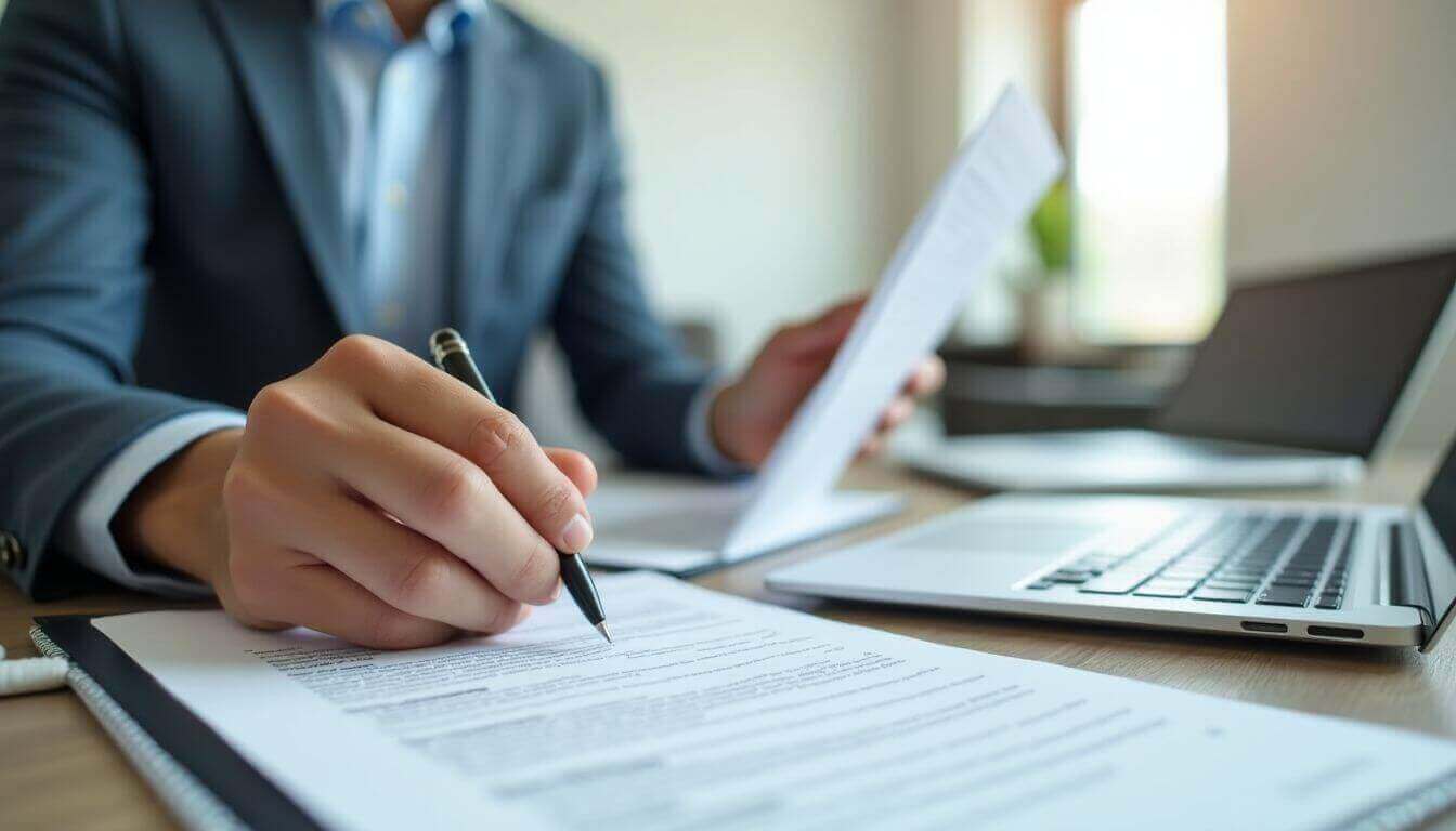 Agent immobilier examinant les mandats écrits dans un bureau