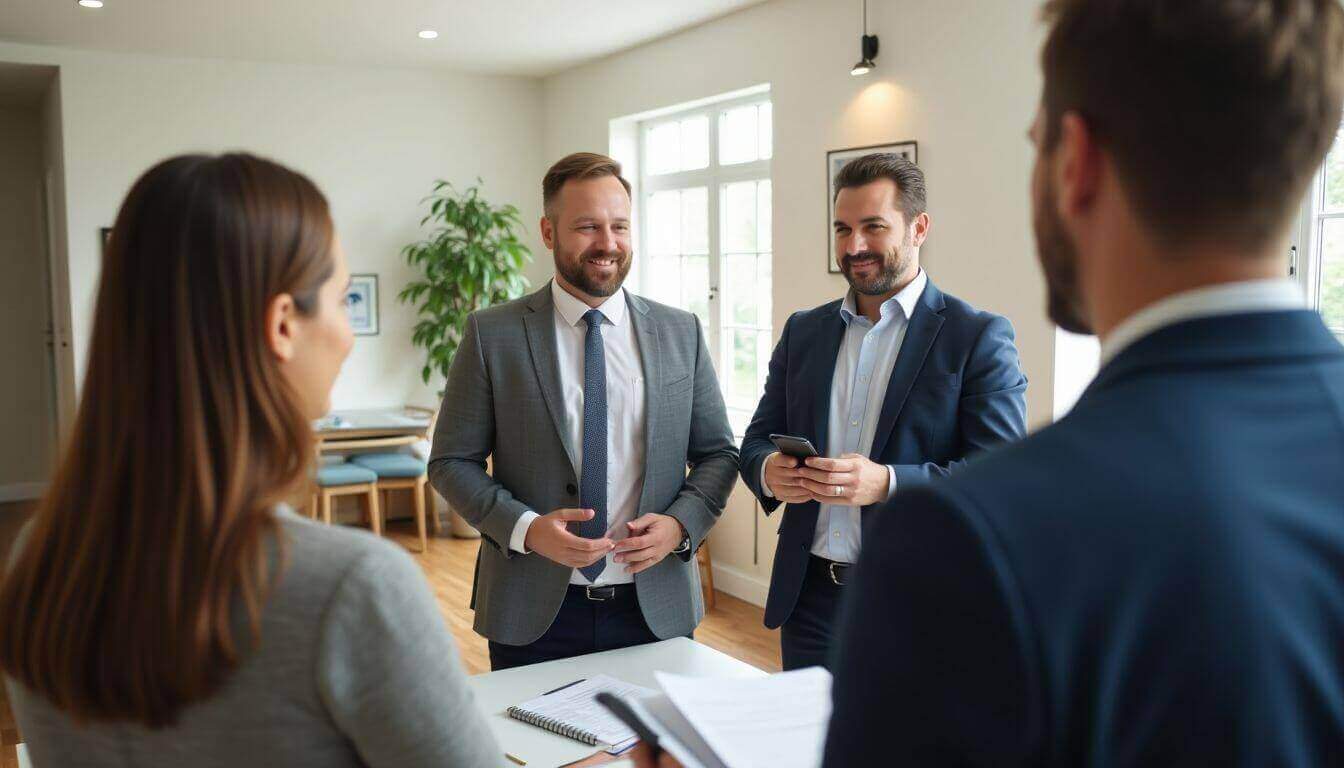 Agent immobilier discutant avec des clients dans une maison.