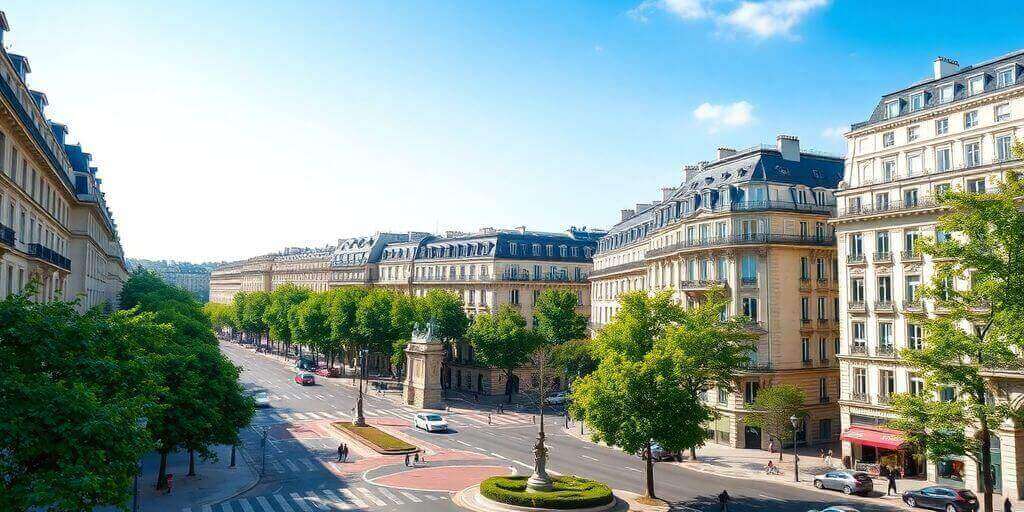 Architecture haussmannienne à Paris avec boulevards et arbres.