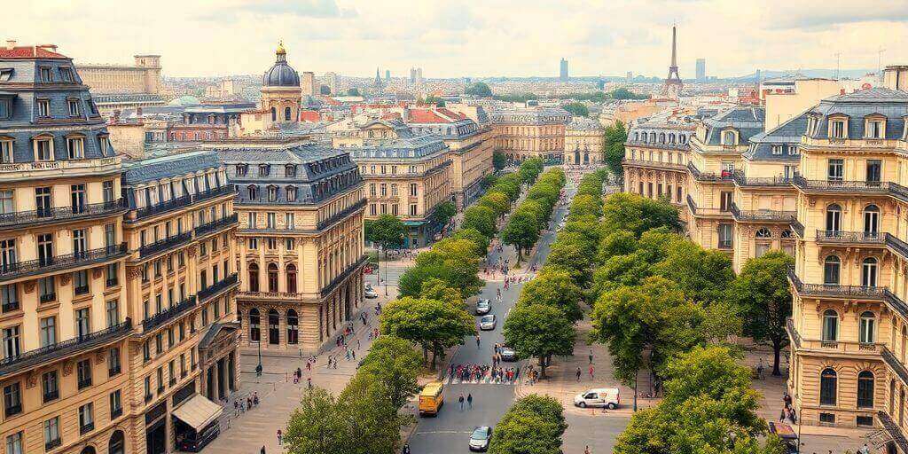 Vue historique de Paris avec bâtiments haussmanniens.