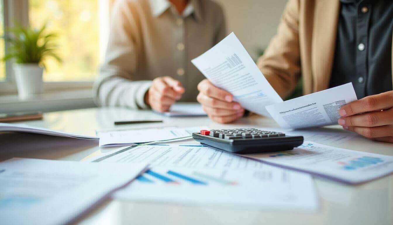 Personne comparant des brochures d'assurance sur une table