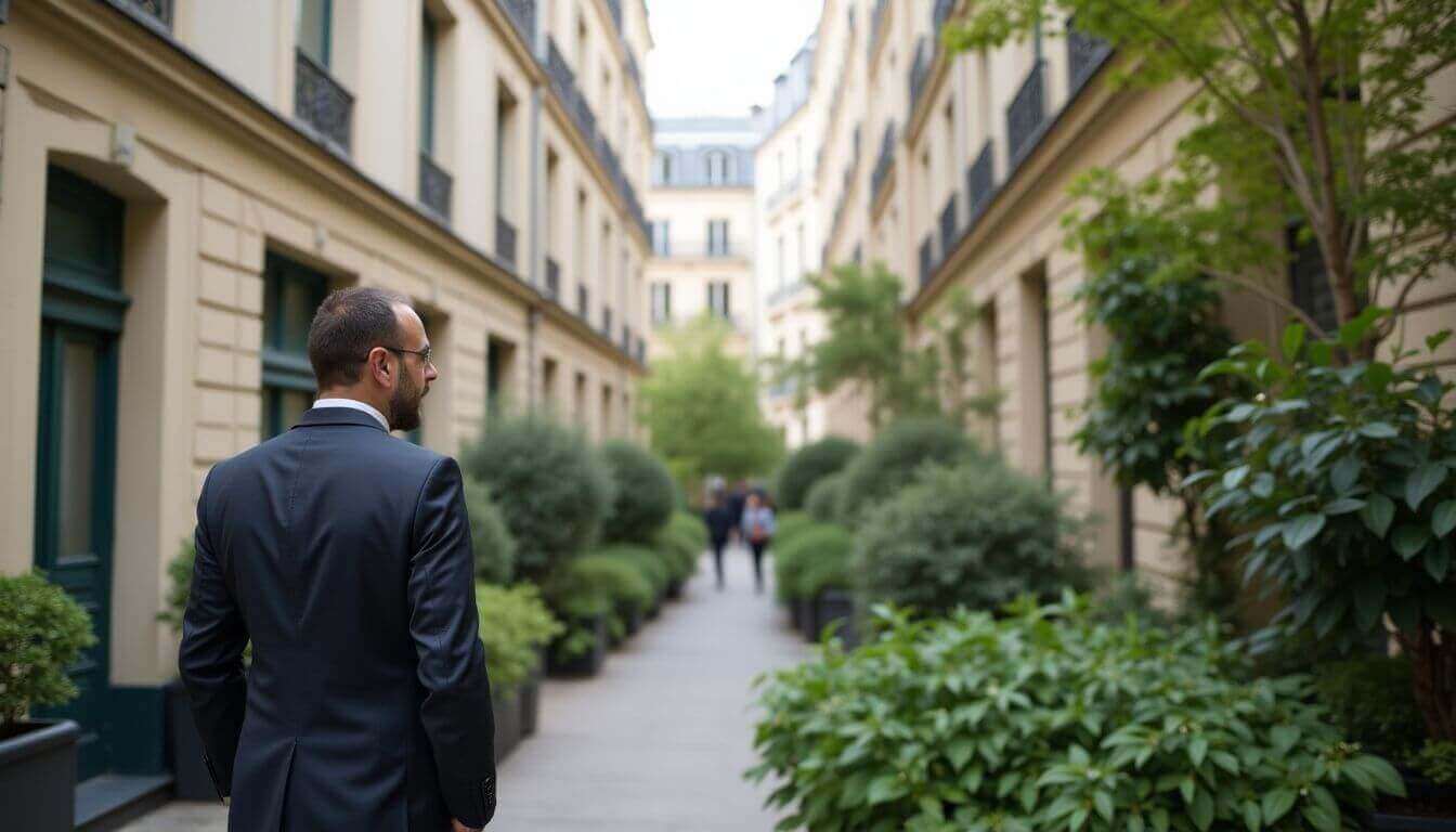 Syndic de copropriété devant un immeuble parisien