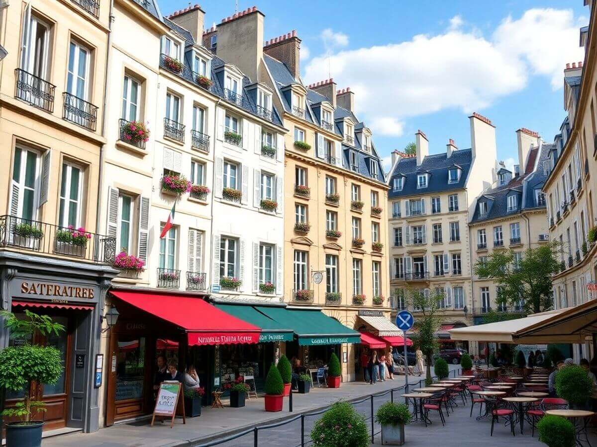 Vue de Saint-Germain-des-Prés avec bâtiments parisiens charmants.