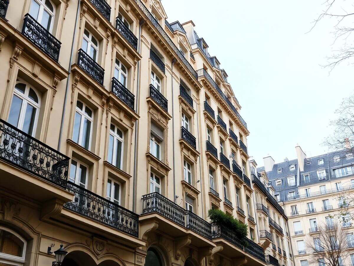 Immeuble haussmannien à Paris avec balcons en fer forgé.