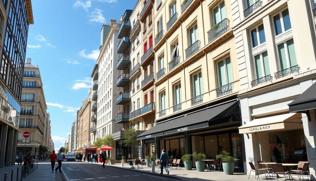Modern Parisian district with cafes and contemporary architecture.