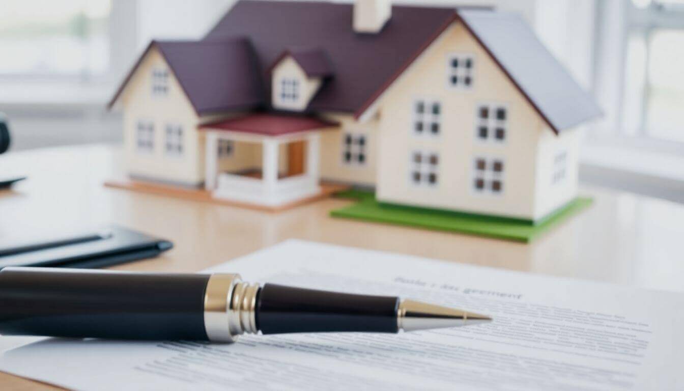Document juridique et modèle de maison sur un bureau.