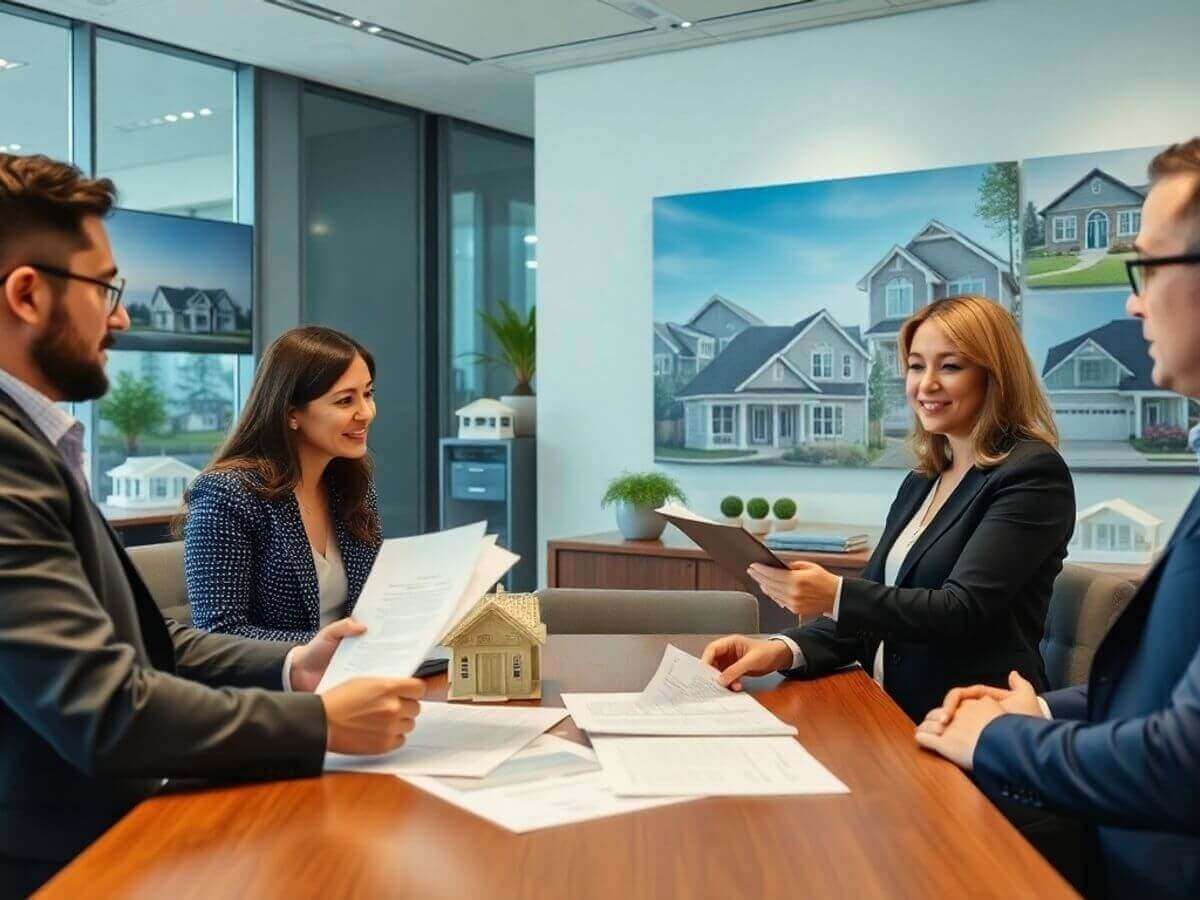 Professionnels discutant de contrats immobiliers dans un bureau moderne.