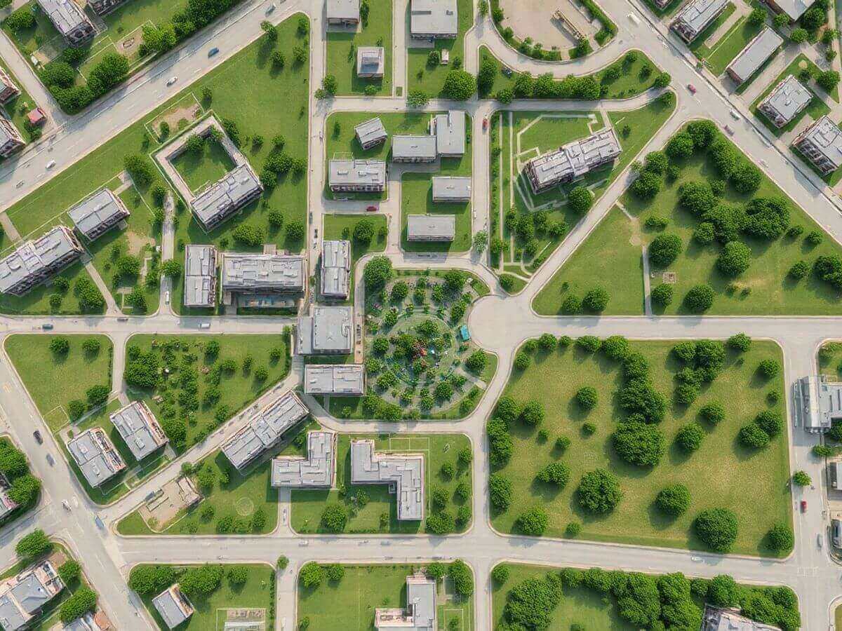 Vue aérienne d'un plan de masse urbain.