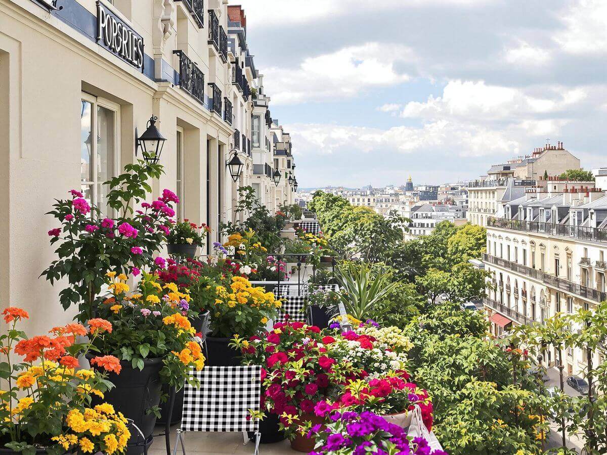 Appartement parisien avec balcon et fleurs colorées.
