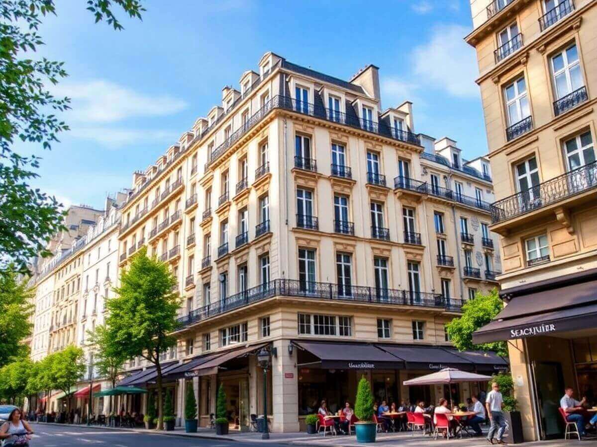 Architecture parisienne avec des cafés animés et des arbres.