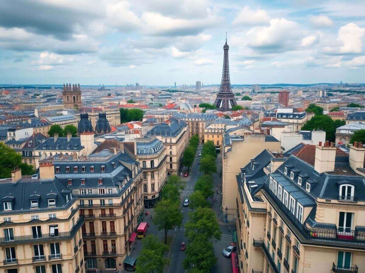 Vue aérienne de Paris, bâtiments résidentiels et monuments iconiques.