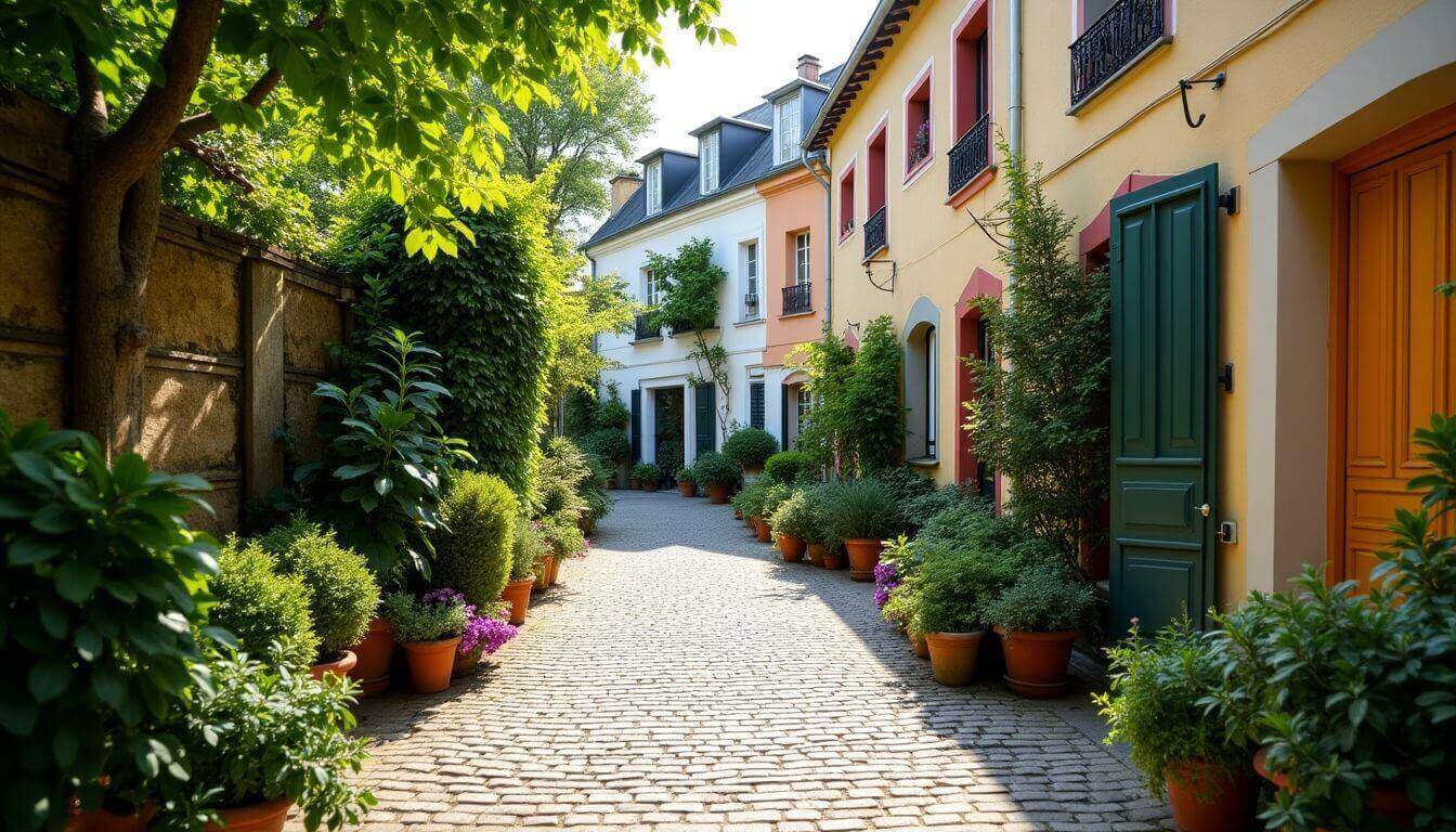 Charmante rue pavée bordée de maisons et de plantes colorées.