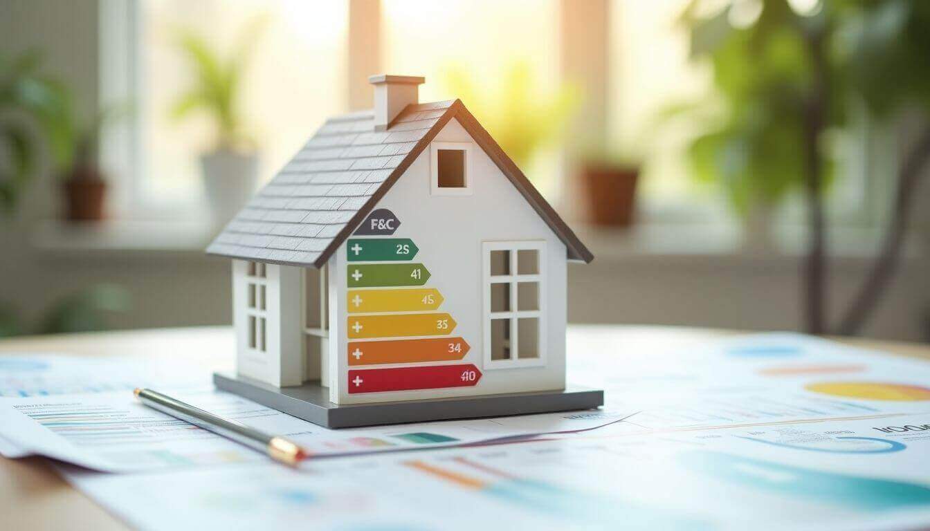 Maison modèle avec étiquettes de performance énergétique sur une table