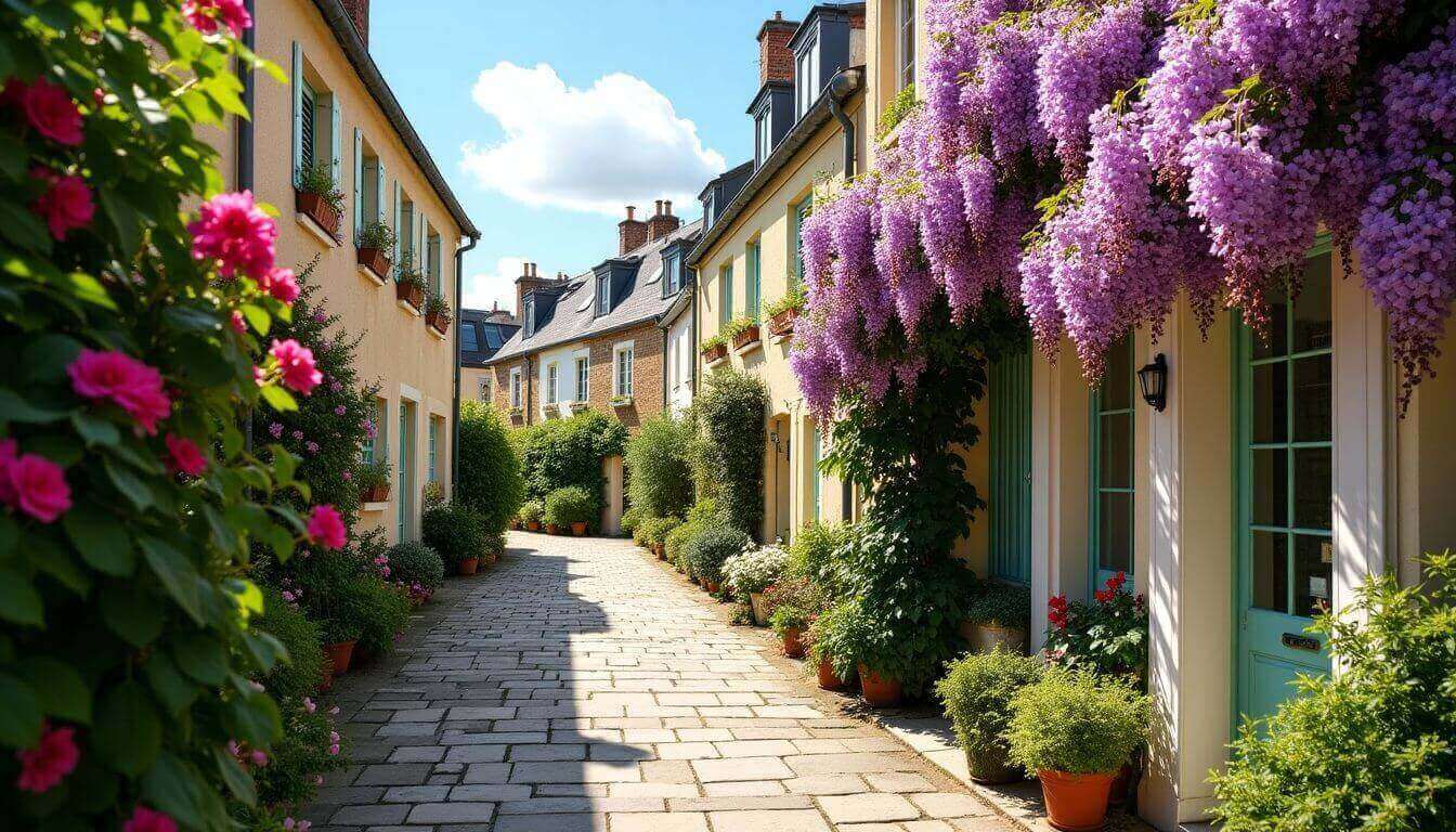 Charmantes rues fleuries du quartier Plaisance à Paris.
