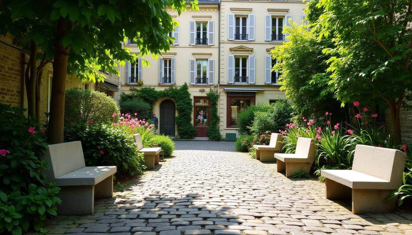 Charmante cour avec verdure et bancs en pierre.Charmante cour avec verdure et bancs en pierre.