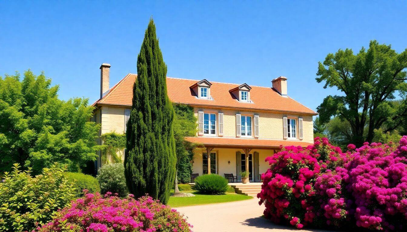 Belle villa en France avec verdure environnante.