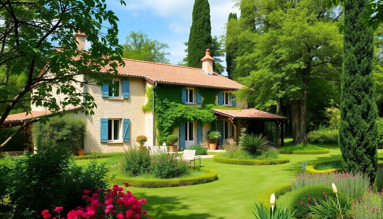 Villa française avec jardin luxuriant.
