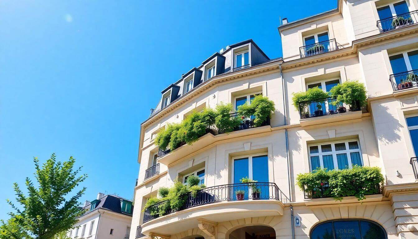 Façade d'immeuble haussmannien, soleil, ciel bleu.