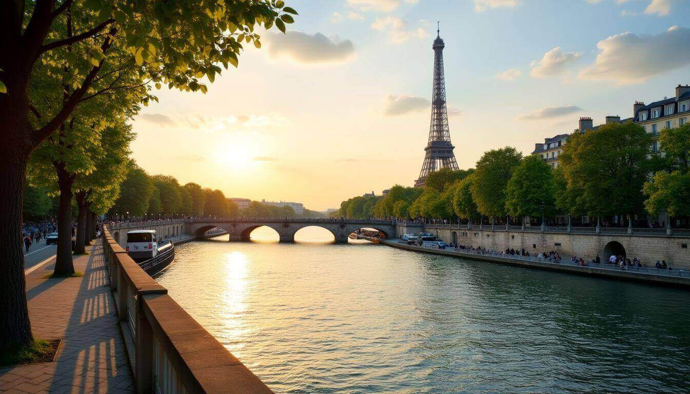 Flânez le long de la Seine avec la Tour Eiffel en toile de fond.