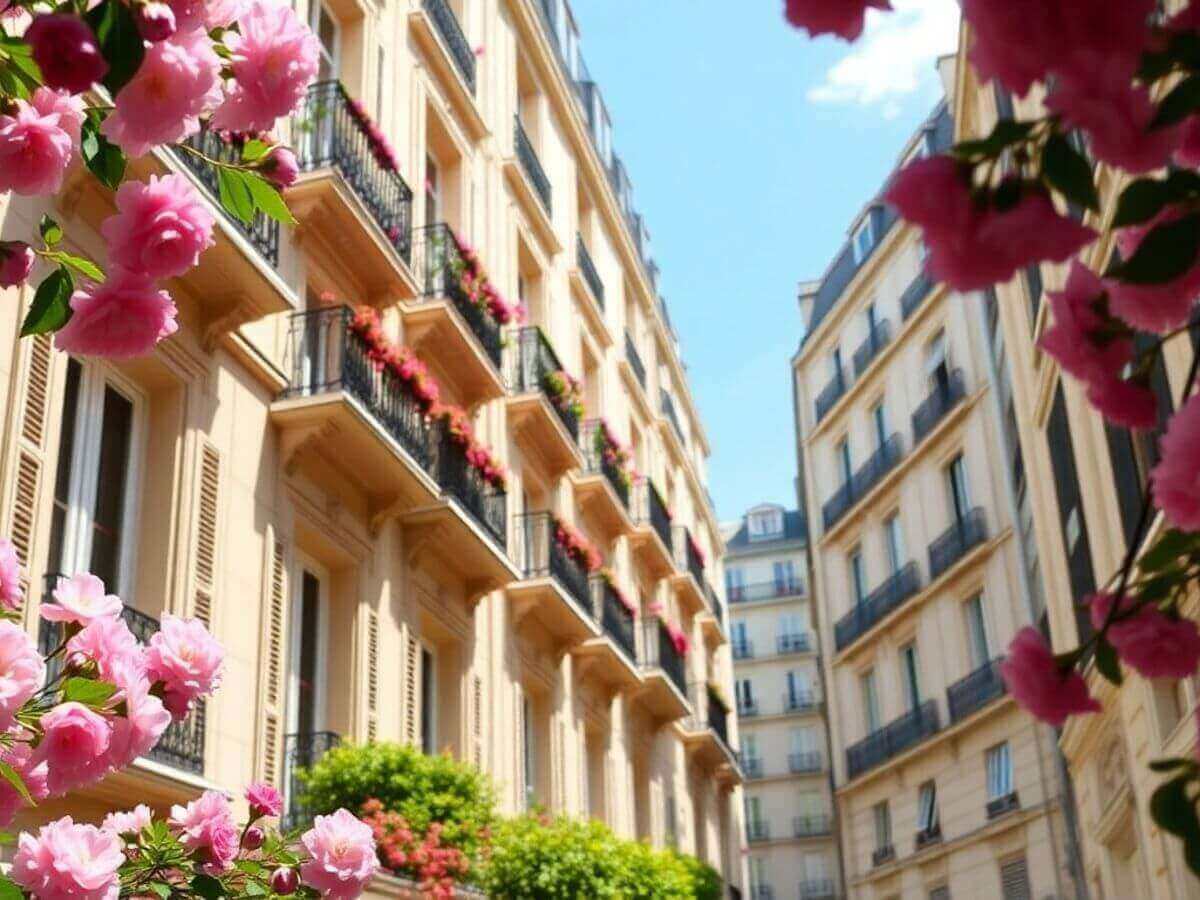 Immeuble classique parisien avec balcons fleuris.