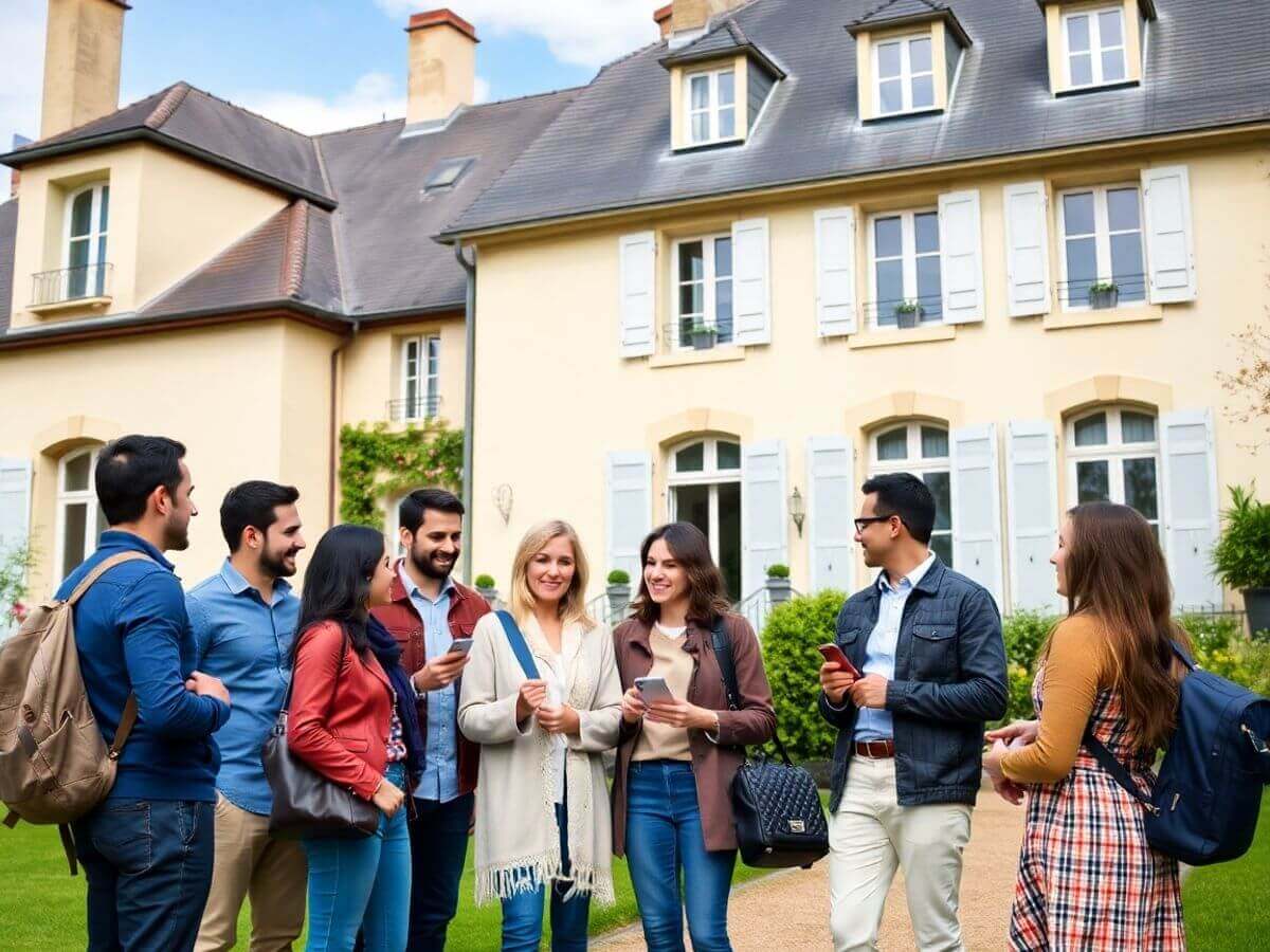 Groupe d'étrangers devant une propriété française.