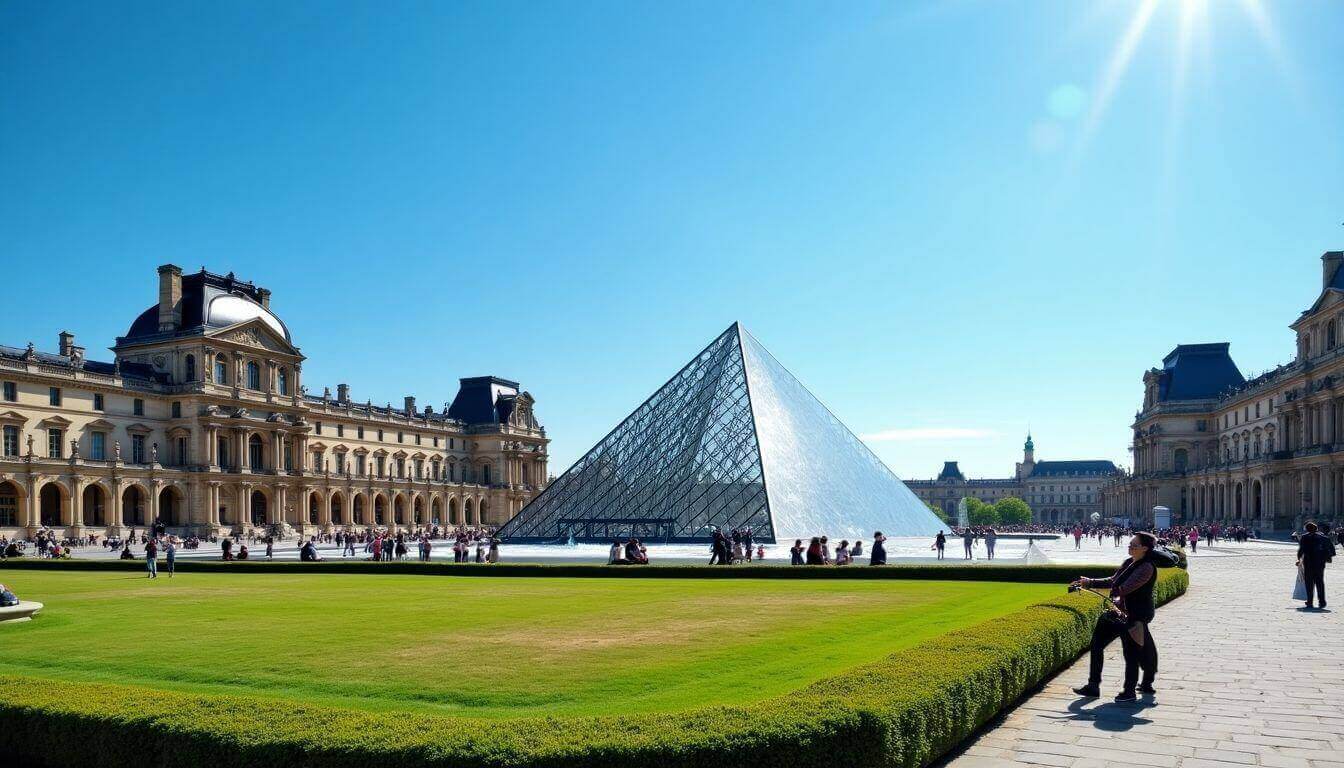 Louvre Palace and glass pyramid in Paris.
