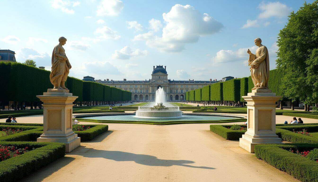 Jardin des Tuileries avec sculptures et verdure luxuriante.