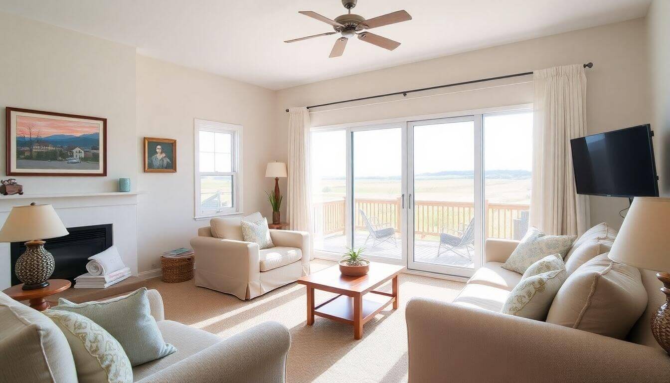 Séjour lumineux et chaleureux dans une location saisonnière bien entretenue.