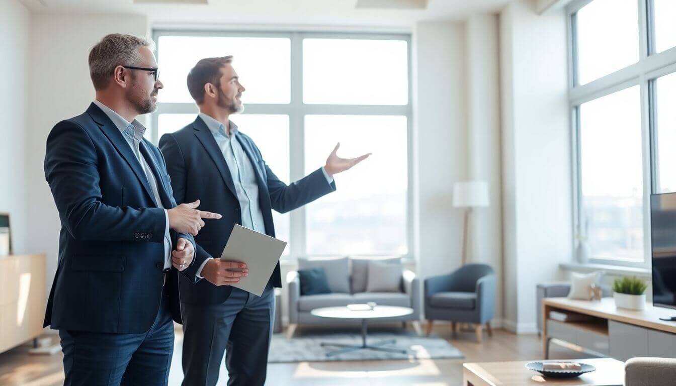 Agent immobilier aide acheteur étranger dans appartement.