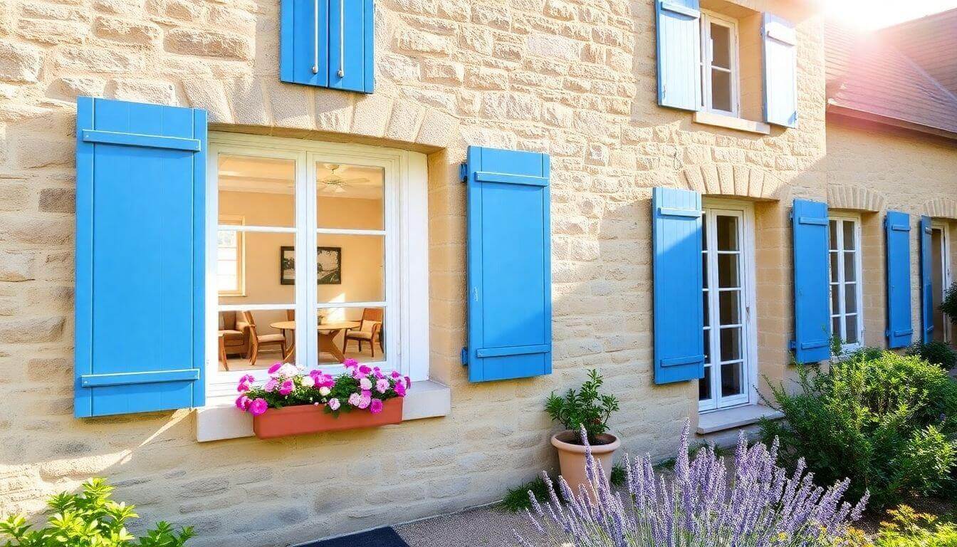 Charming French rental home, inviting facade, warm interior glow, sunny day.