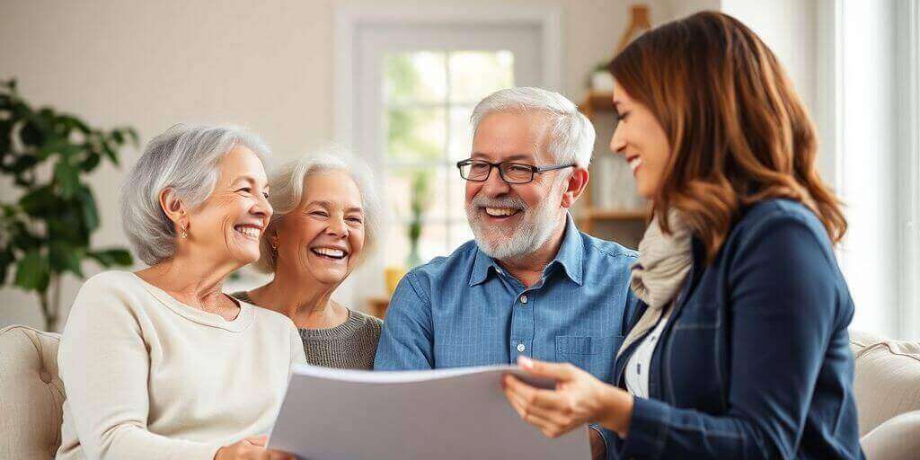 Un couple senior consulté par un chasseur immobilier.