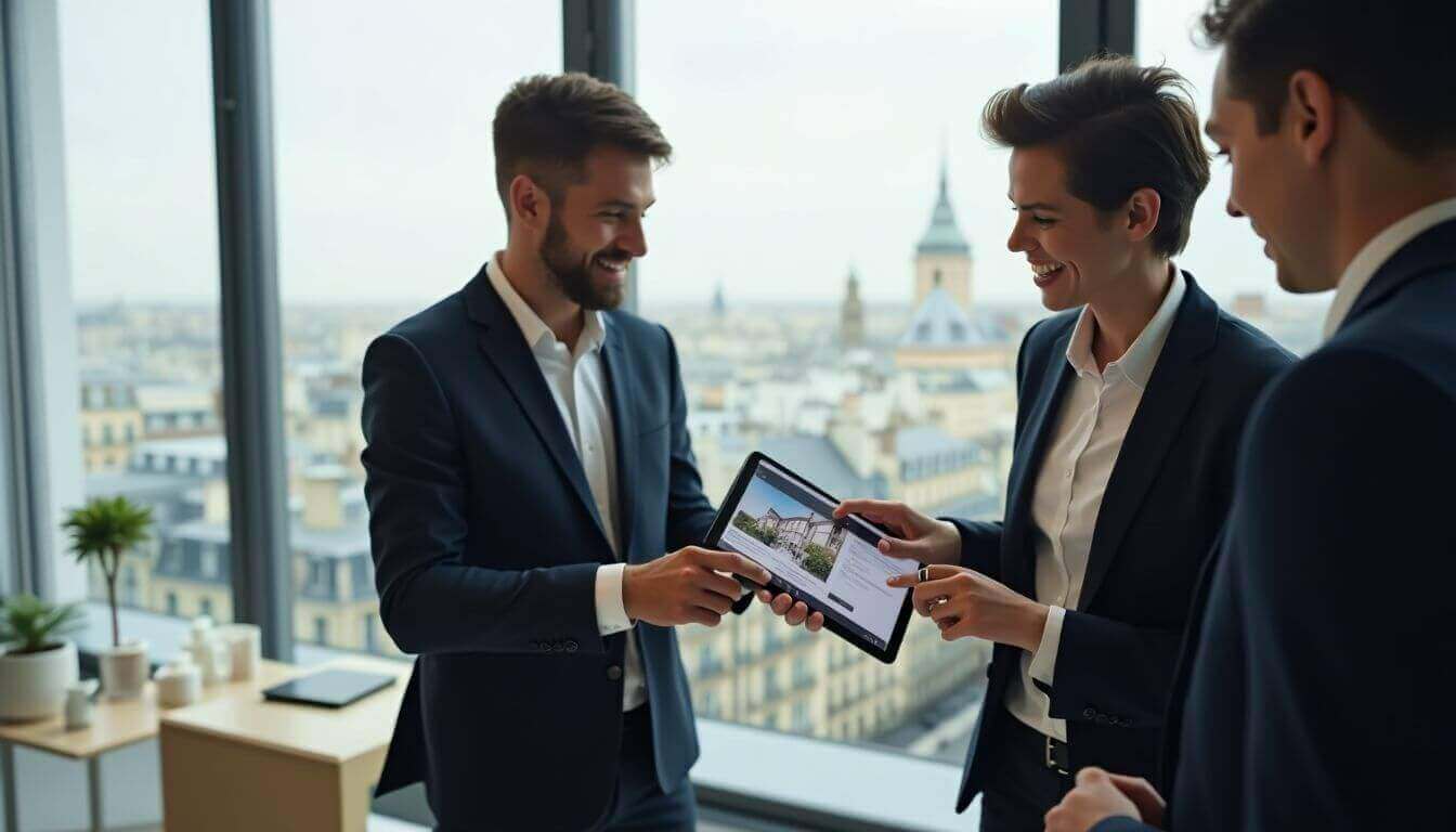 Property hunter discussing with client in Paris office.