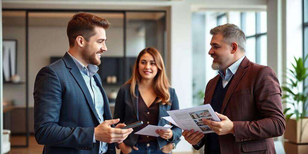 Chasseur immobilier aide primo-accédants dans un bureau moderne.