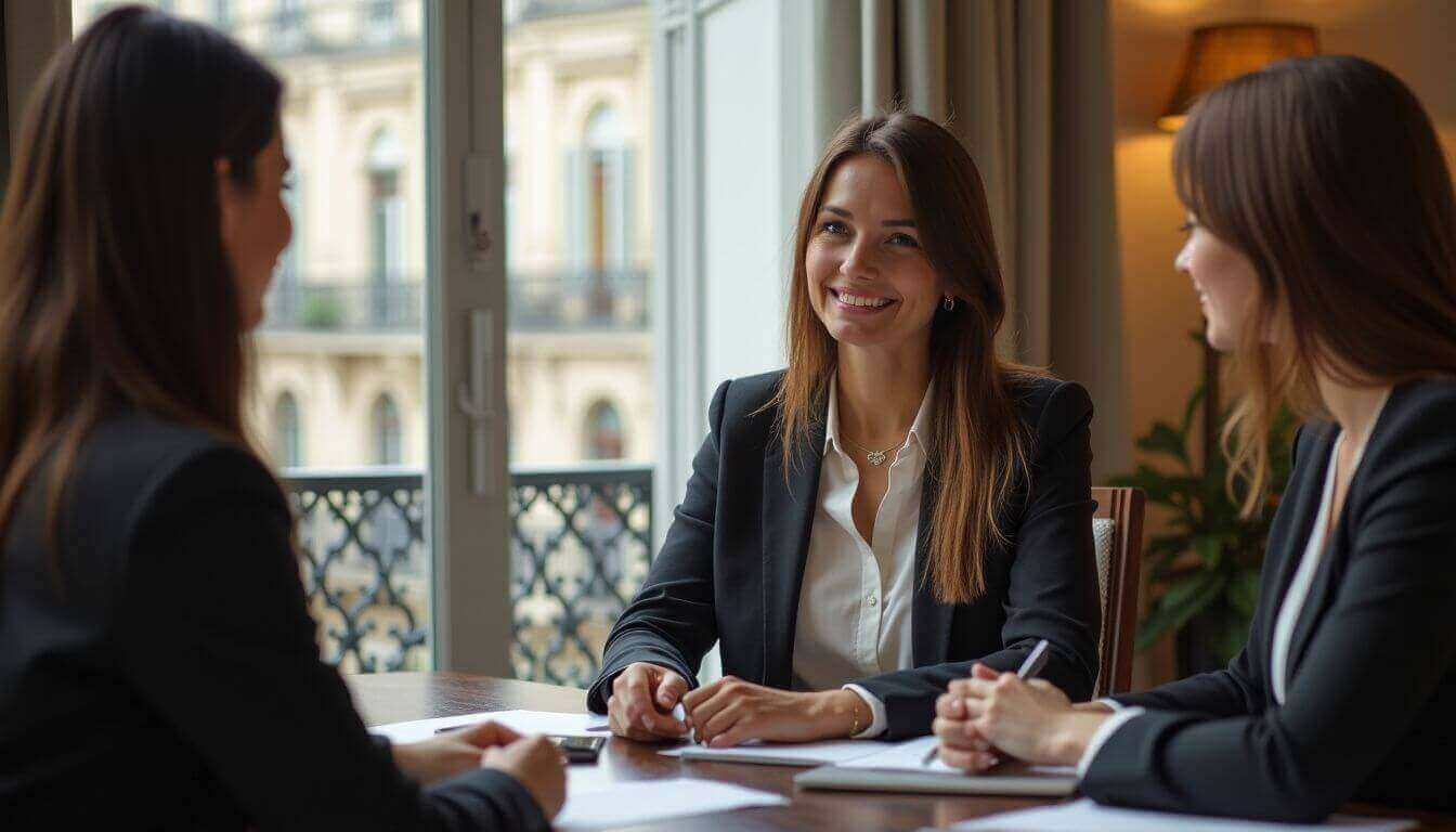 Real estate agent showing apartment to client in Paris.