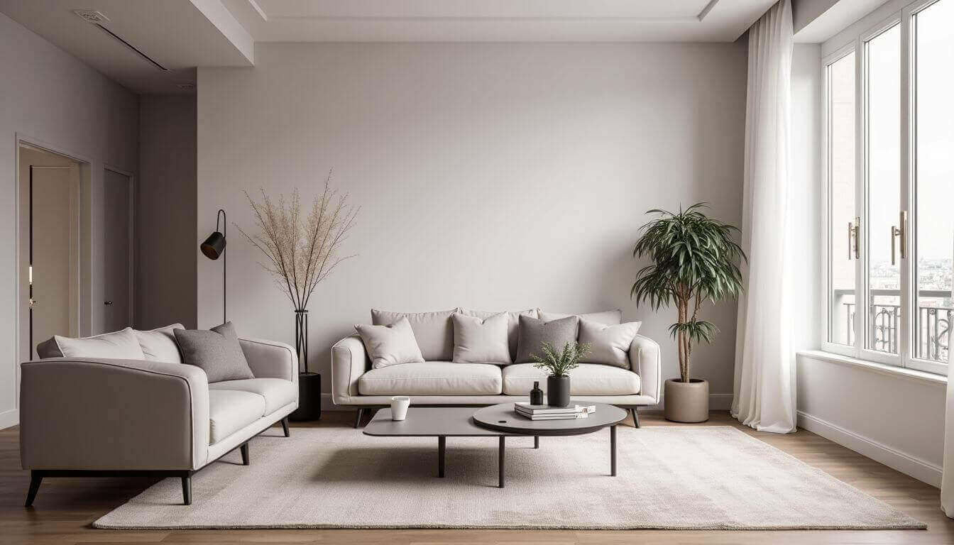 Salon moderne aux tons neutres et à la décoration minimaliste