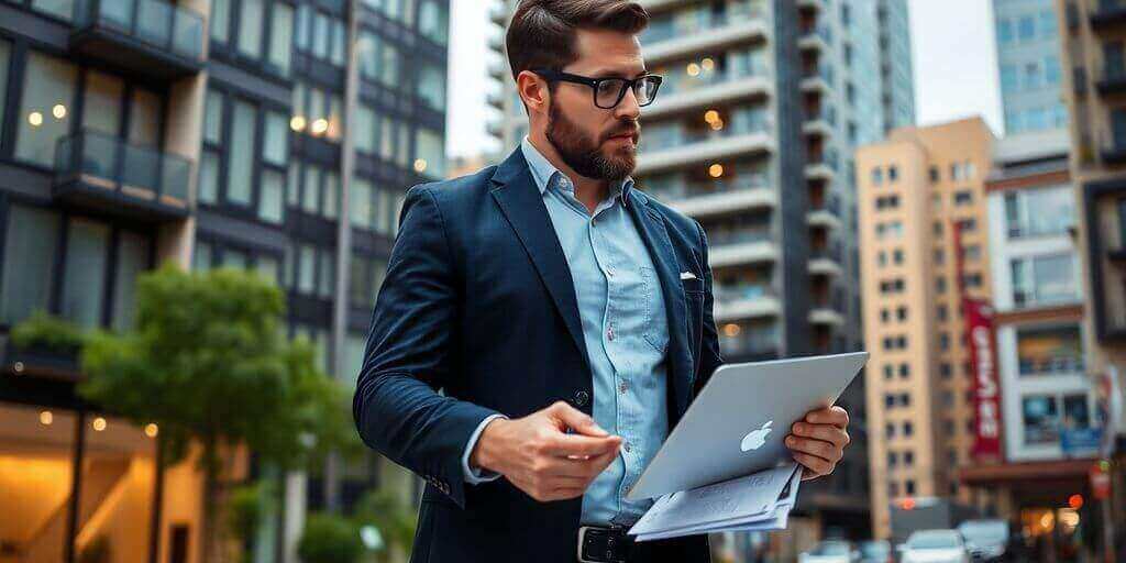 Chasseur d'appartement avec ordinateur dans un quartier moderne.