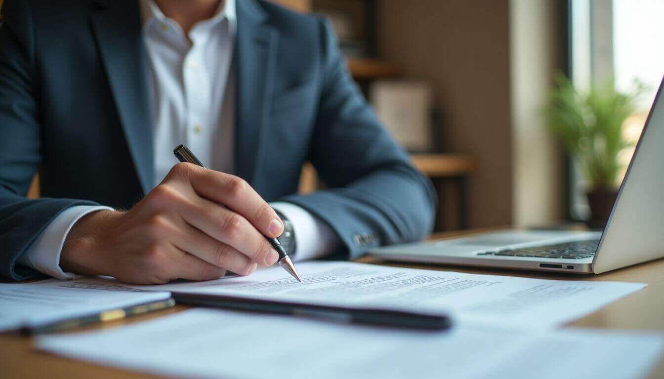 Real estate hunter analyzing legal documents in an office.