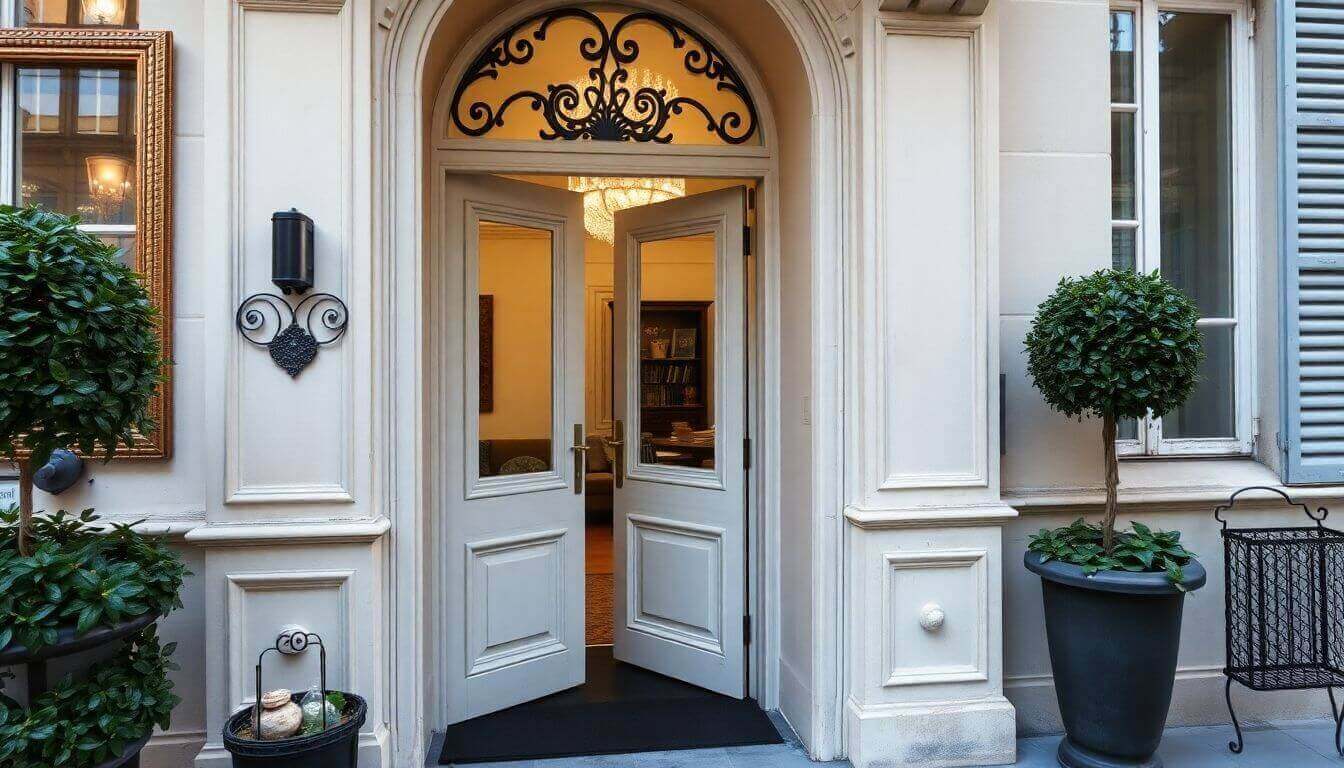 Elegant white doorway with ornate arched transom and double doors