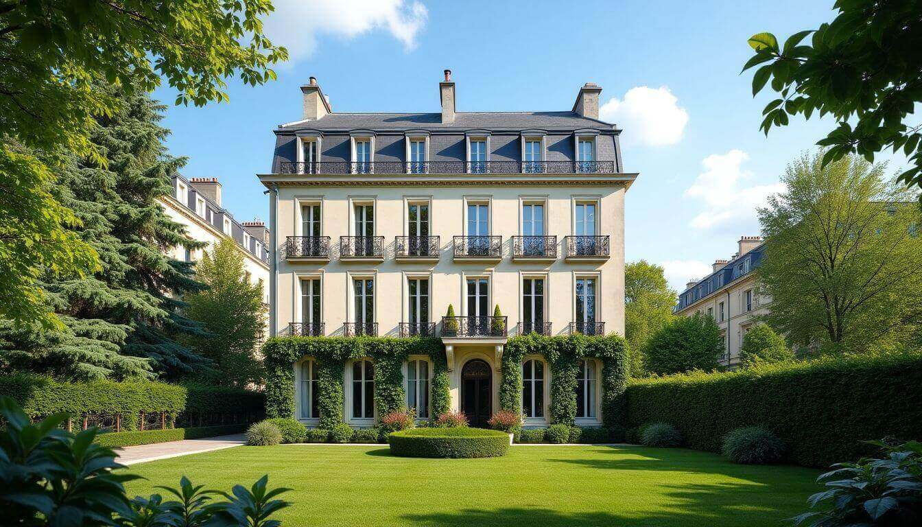 Immeuble haussmannien avec jardin et ciel bleu
