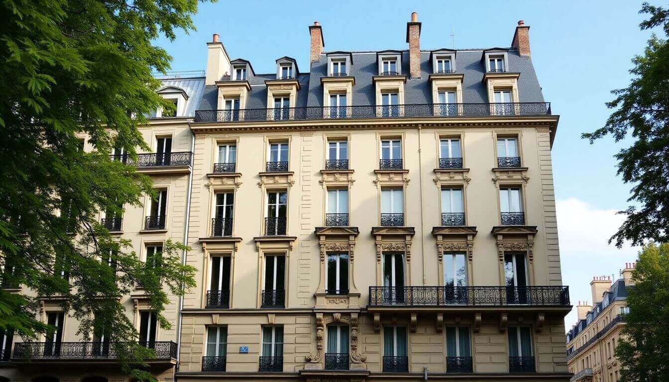 Bâtiment élégant avec balcons et architecture classique sous ciel bleu