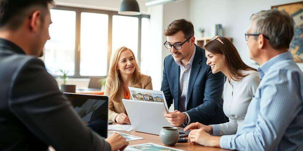 Un chasseur immobilier aide des clients avec des options.