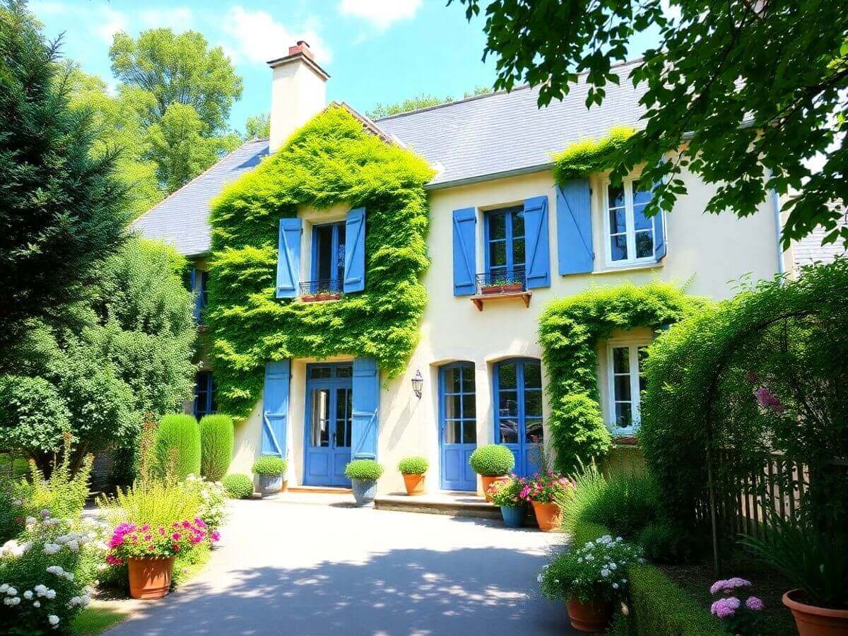 Belle propriété française avec architecture classique et verdure.