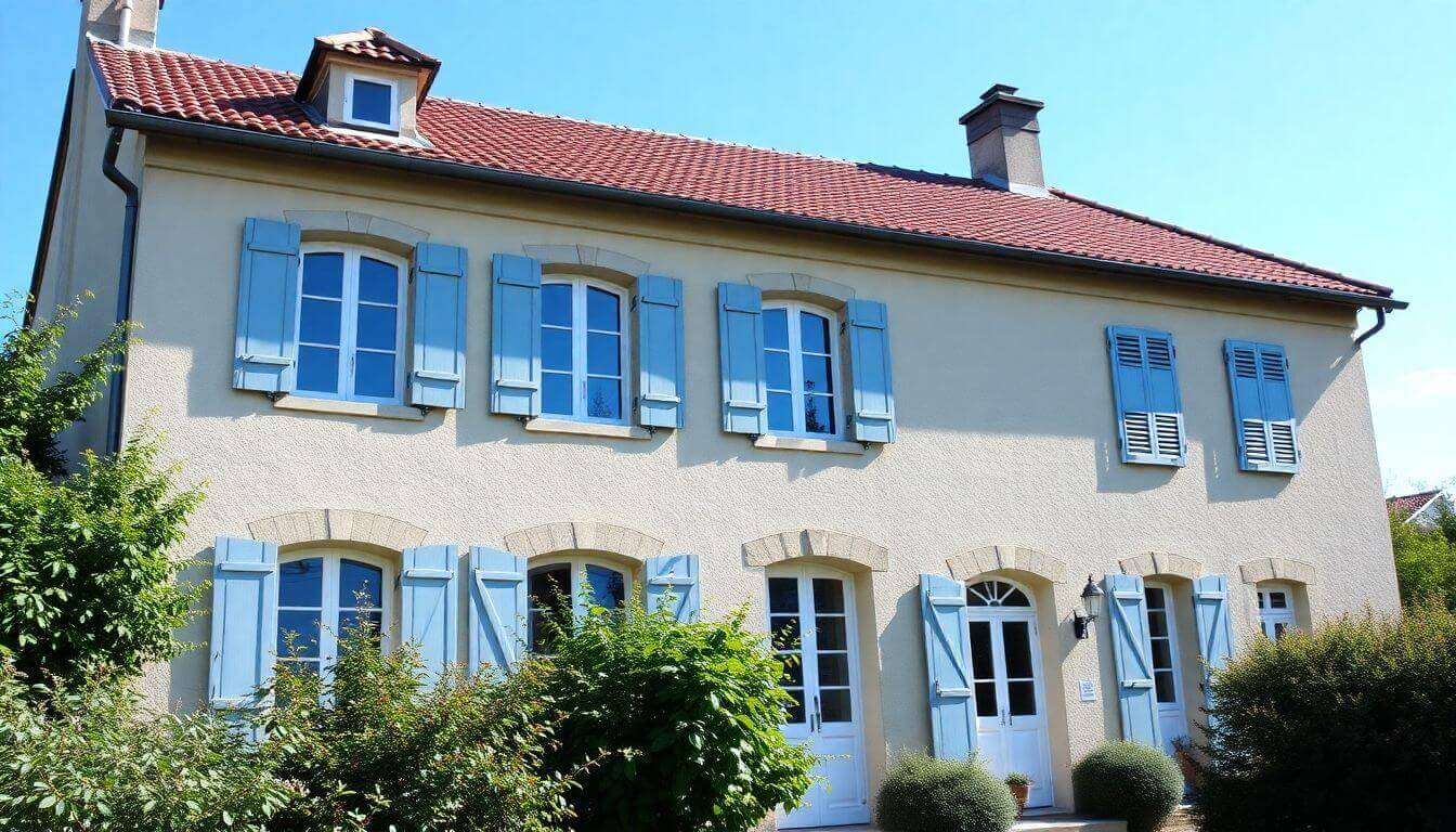 Maison française sous un ciel bleu clair.
