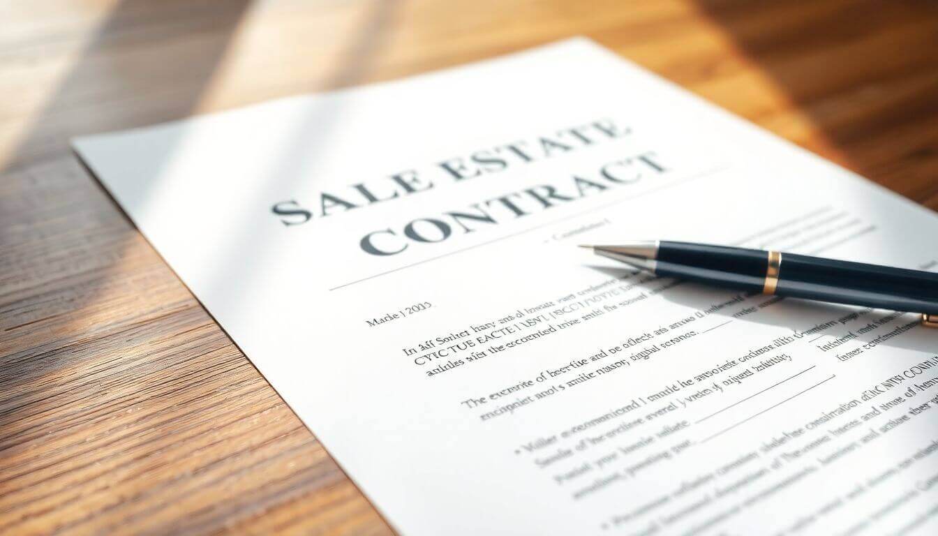 Contrat de vente immobilière avec un stylo sur une table.