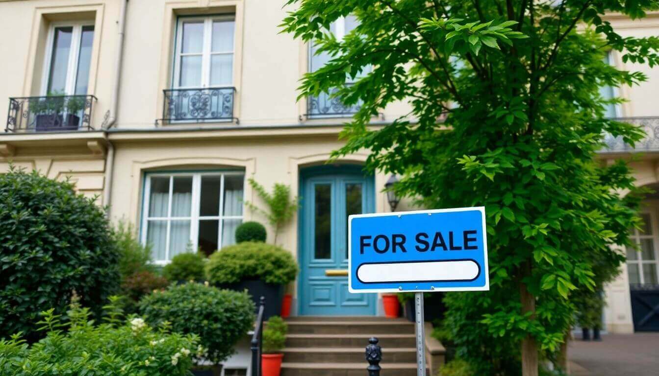 Parisian house with a 'For Sale' sign in front.