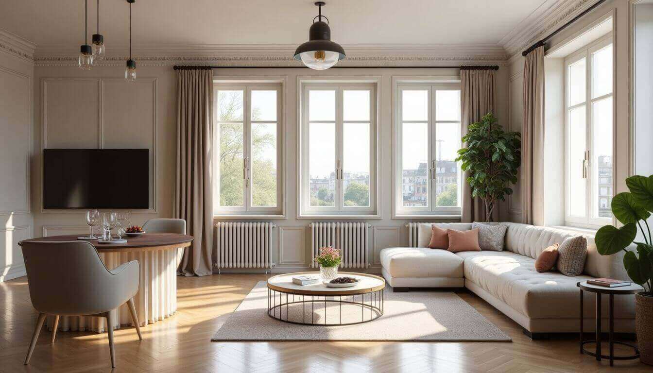 Intérieur d'un appartement haussmannien moderne avec lumière naturelle