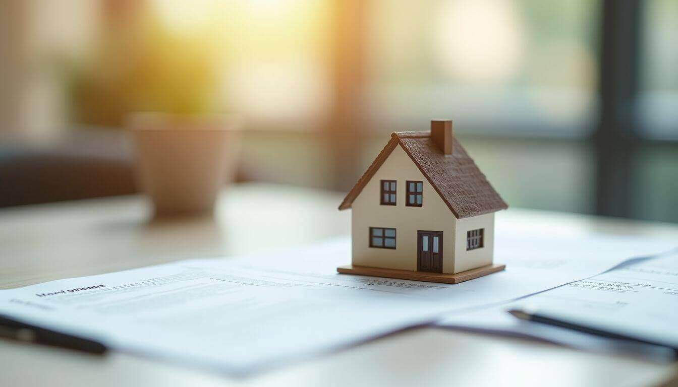 Maison modèle sur documents avec fond de lumière naturelle