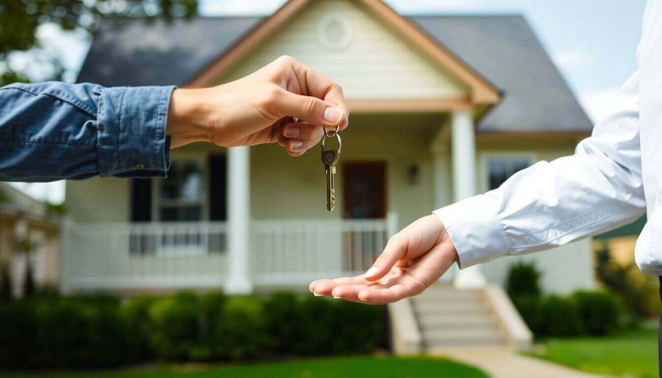 Two people exchanging a key in front of a house.